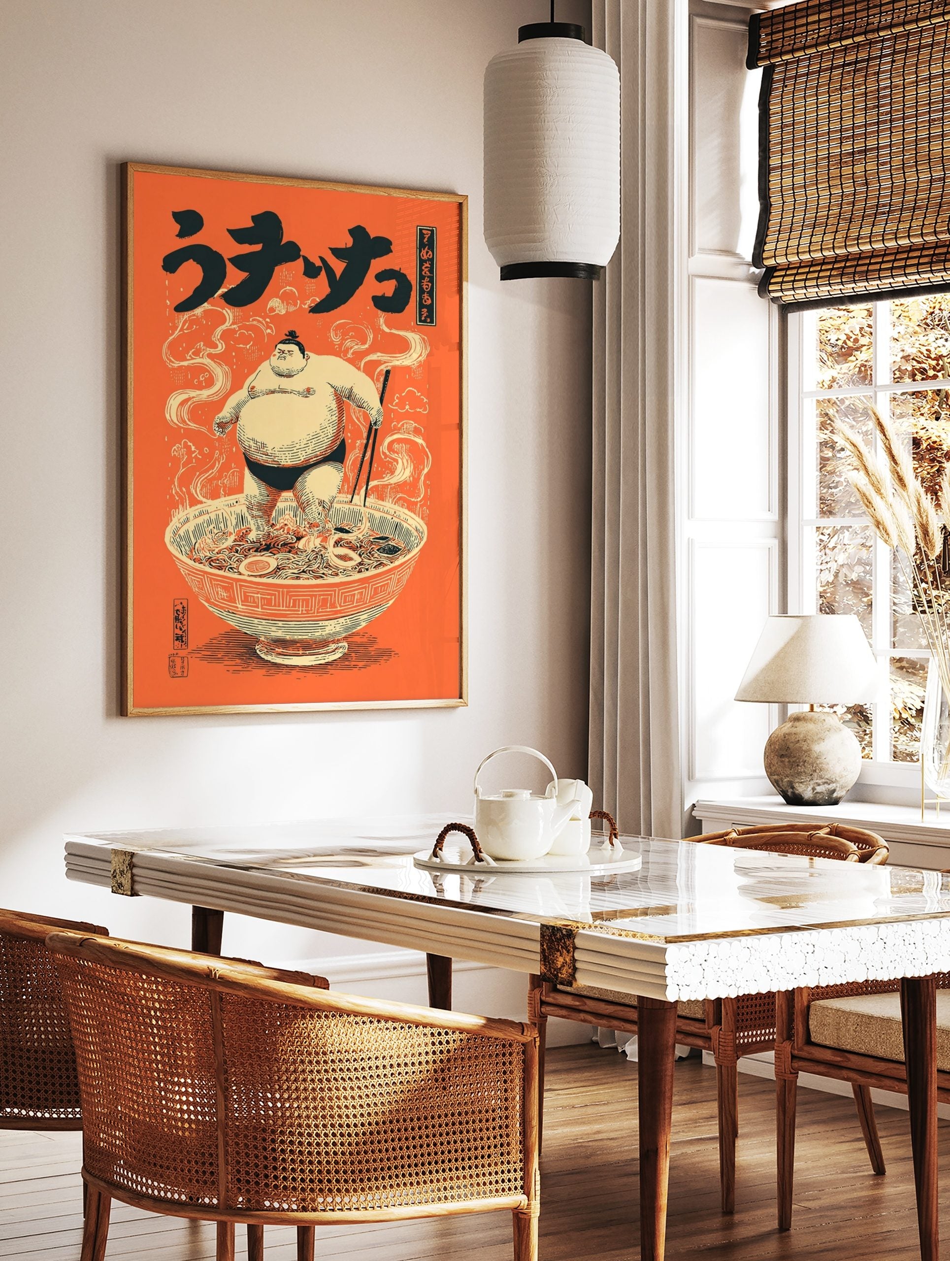 Japanese illustrative print of a sumo wrestler standing in a large ramen bowl with chopsticks, in a styled room mockup