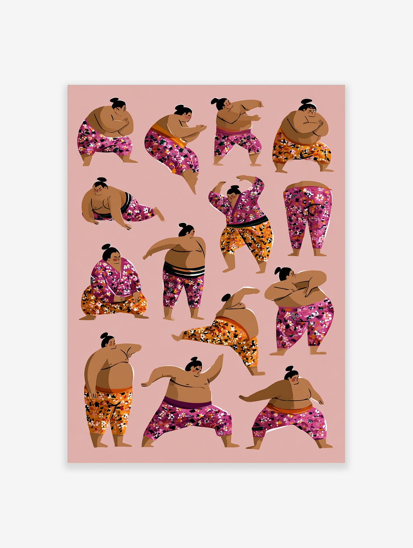 Sumo wrestlers in pink and orange floral trousers, dynamic poses, on pink background, paper print