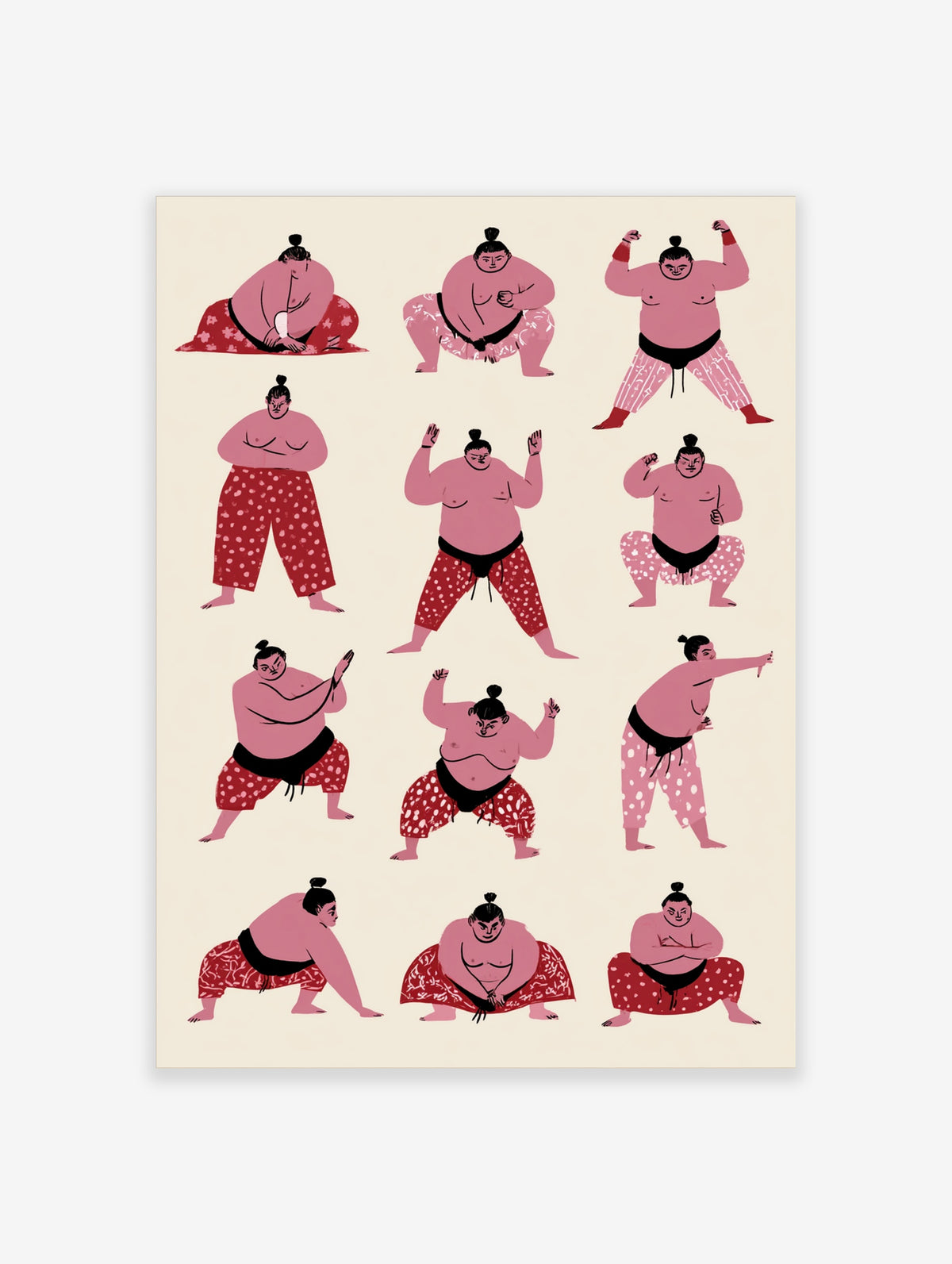Sumo wrestler illustration print with twelve pink figures in varied poses on cream background