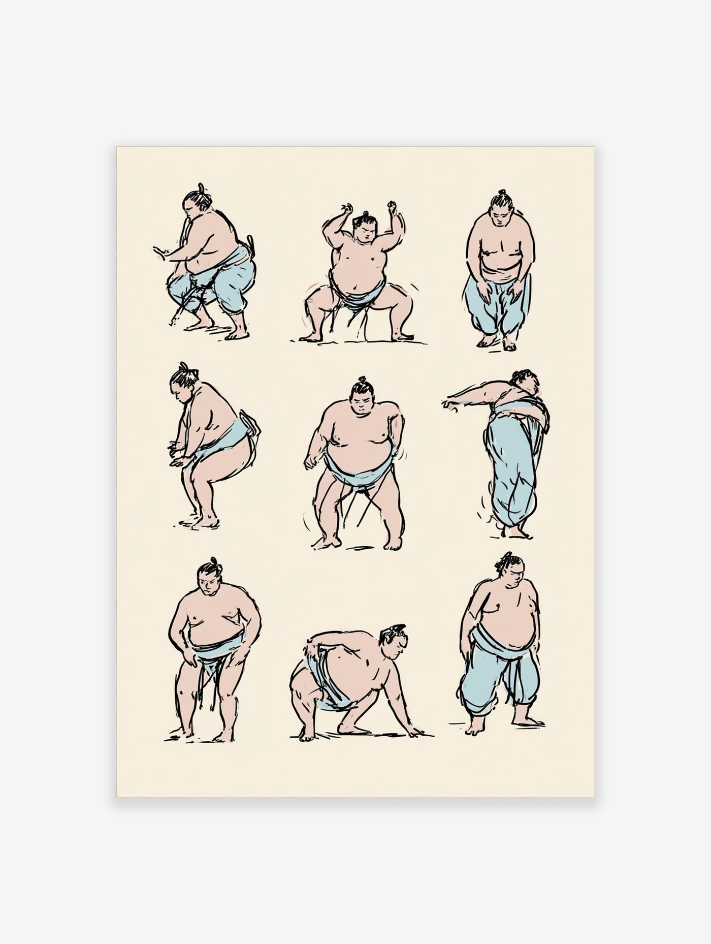 Nine sumo wrestlers in various poses, sketchy illustration, blue and pink, grid composition