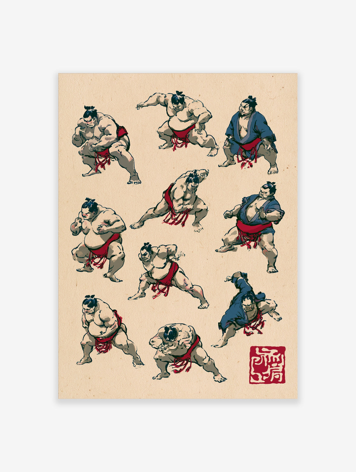 Sumo wrestlers illustration print, ten figures in dynamic poses with red mawashi on beige background