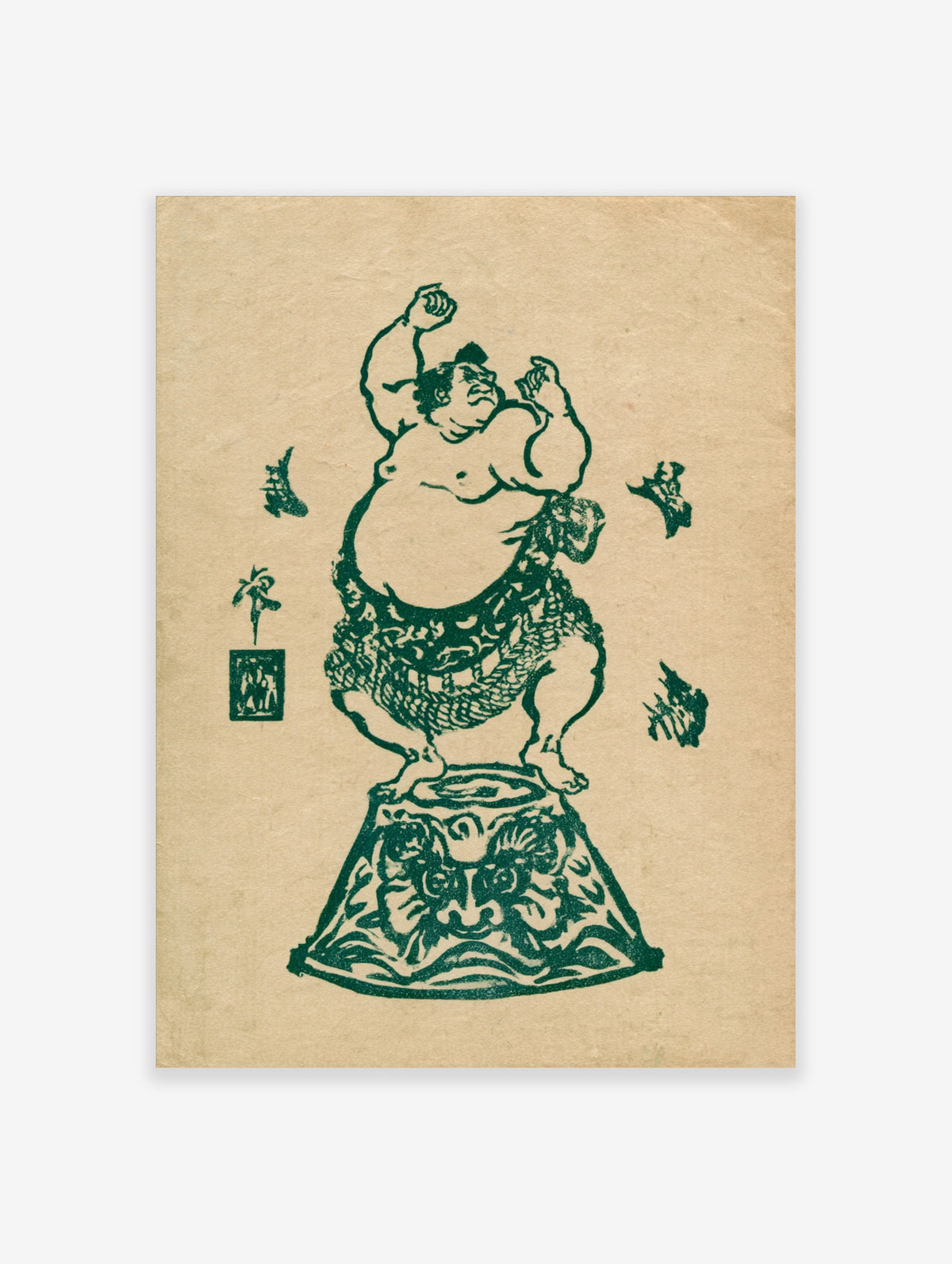 Sumo wrestler standing on demon pedestal, green ink on beige background, with kanji and seal