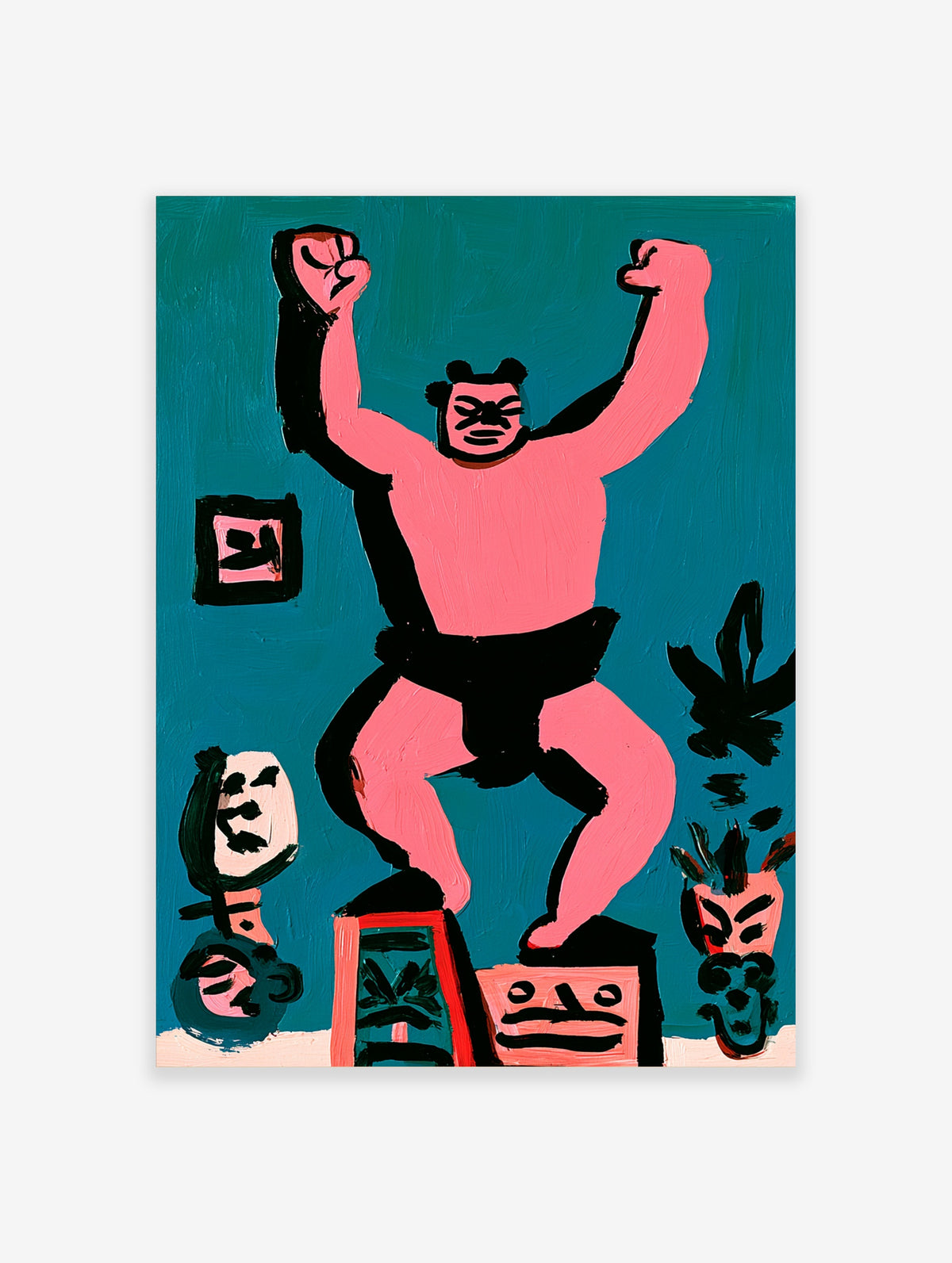 Pink sumo wrestler with raised arms and black mawashi on teal background, surrounded by stylized faces and objects