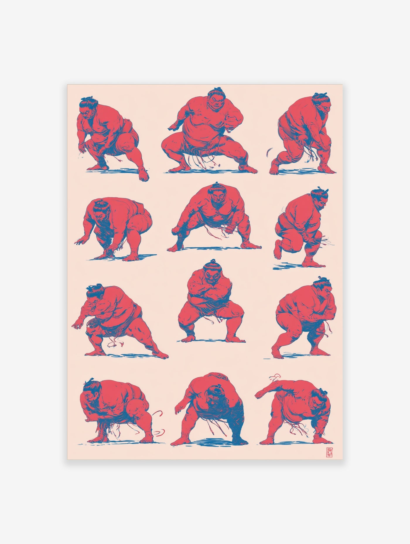 Sumo wrestler wall art, twelve red figures with blue shading in dynamic poses on cream background