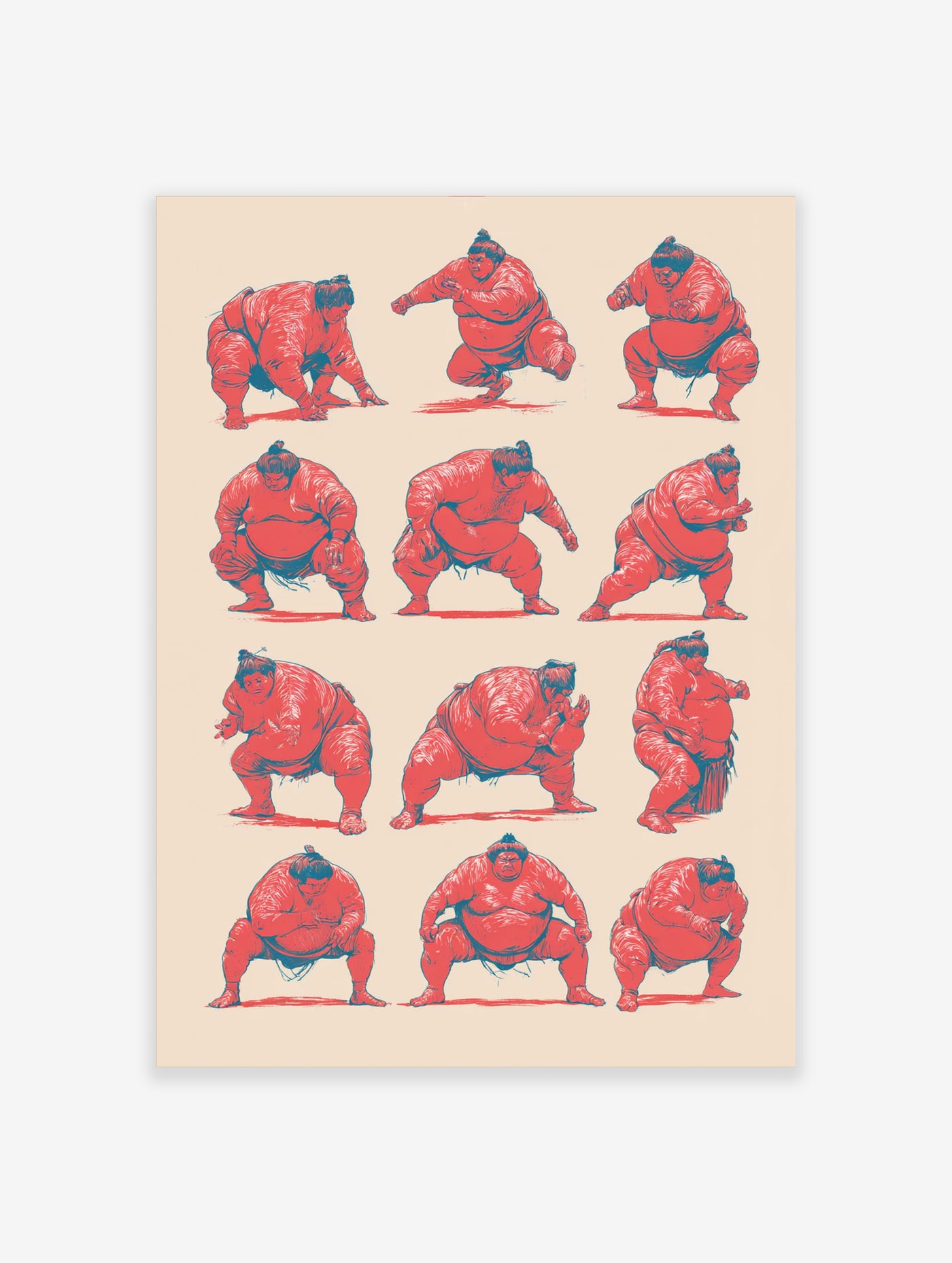 Sumo wrestler wall art with twelve red and blue figures in dynamic poses on cream background