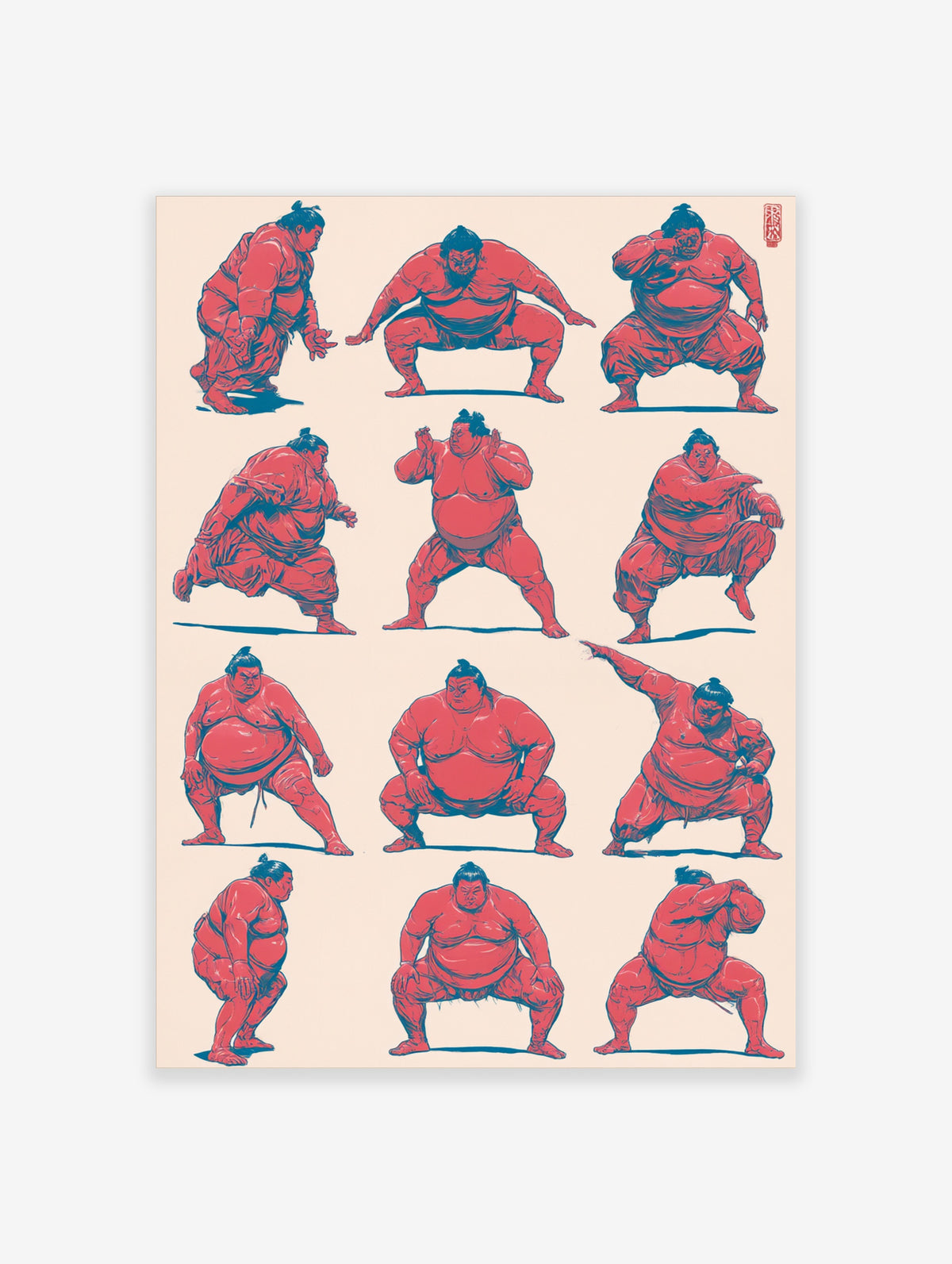 Sumo wrestlers illustration in red and blue on cream background, twelve poses grid