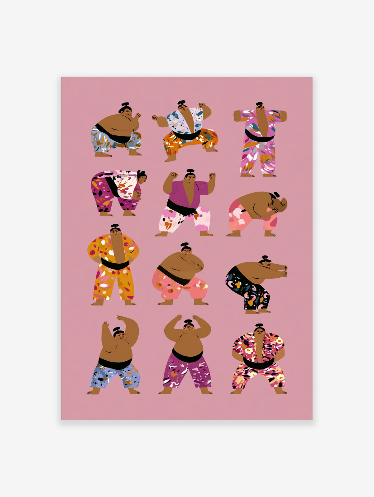 Sumo wrestlers illustration print with twelve figures in colourful patterned mawashi on pink background