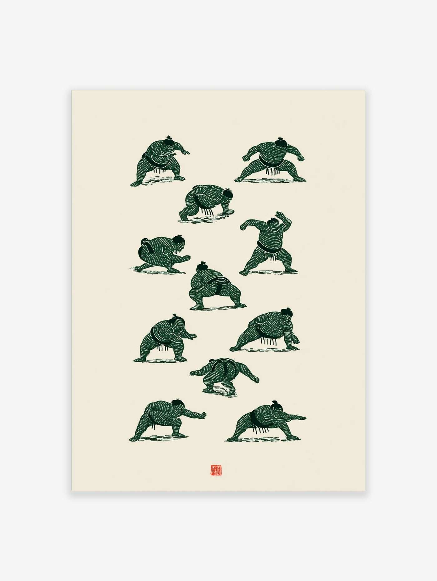 Sumo wrestlers in green ink on cream background, 11 poses, vertical illustration print