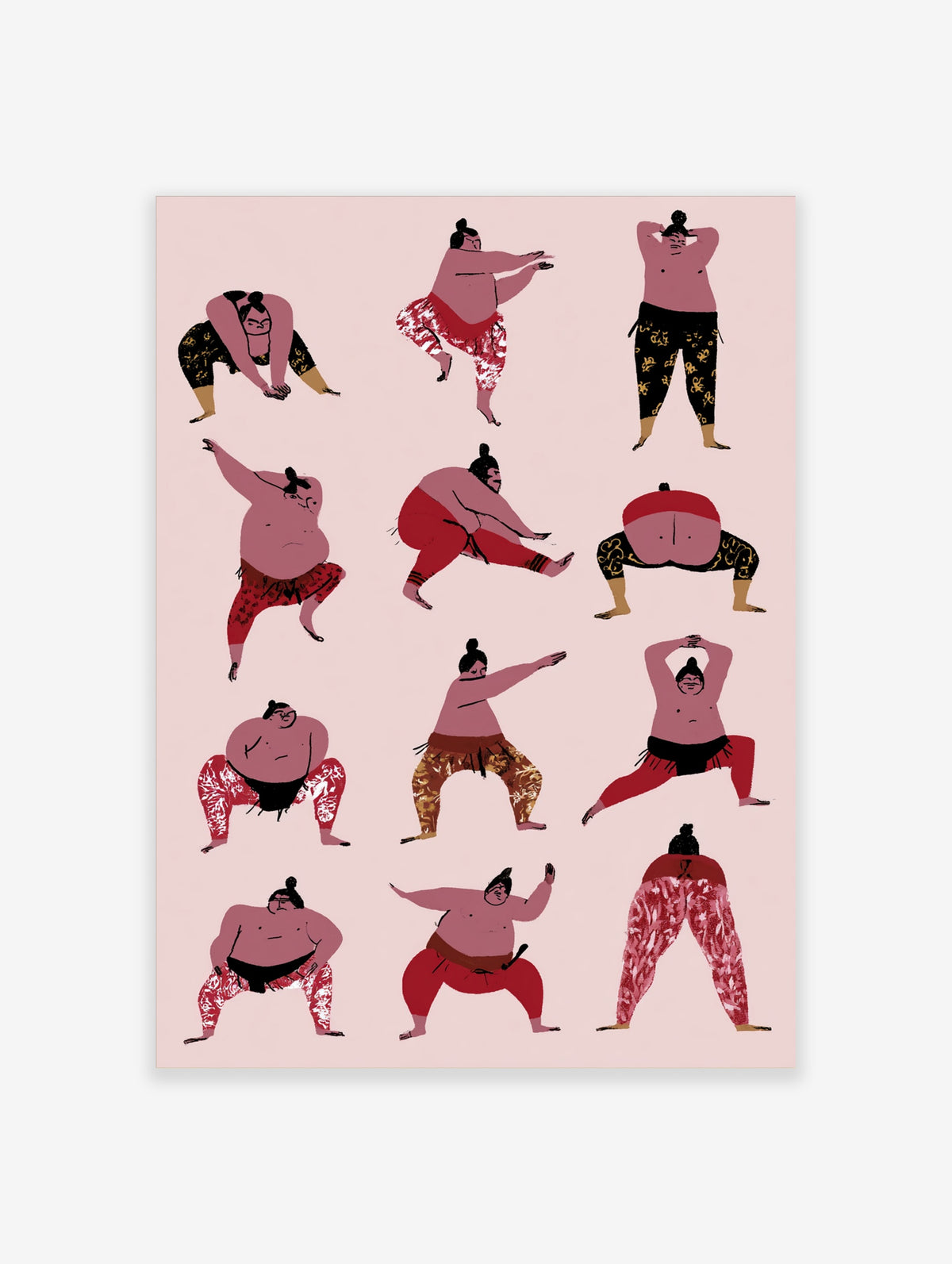 Illustration of twelve sumo wrestlers in various poses on pink background, wearing patterned mawashi