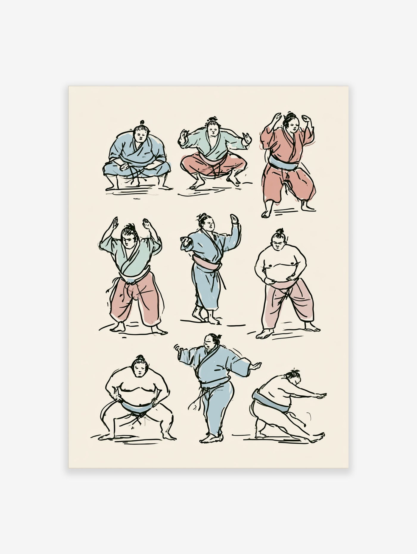 Sumo wrestlers illustration print with nine figures in blue and pink robes on white background