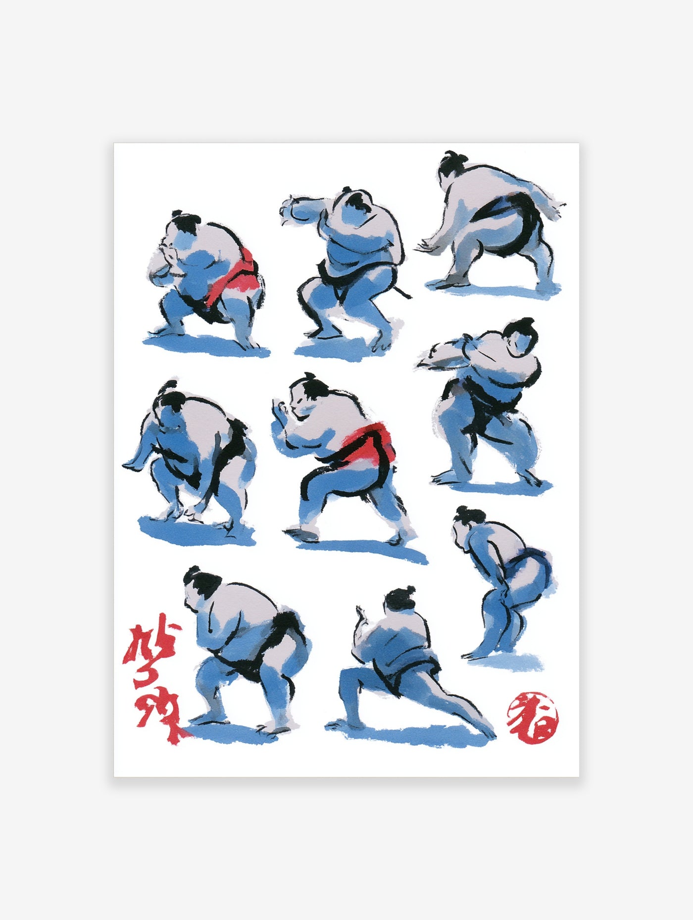 Sumo wrestlers in dynamic poses, blue ink wash illustration with red accents and calligraphy