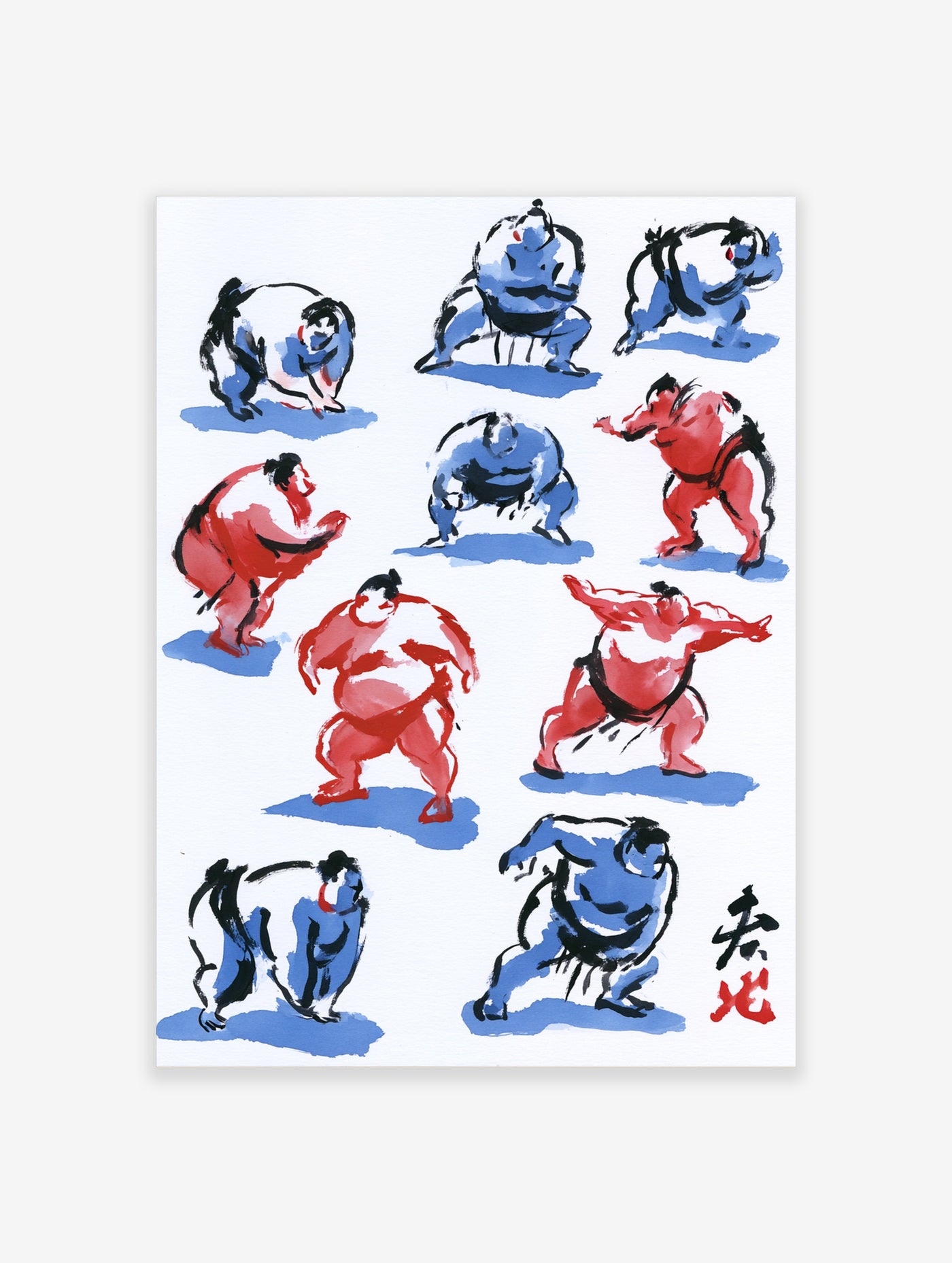 Sumo wrestlers in red and blue ink with blue shadows, Japanese style art print