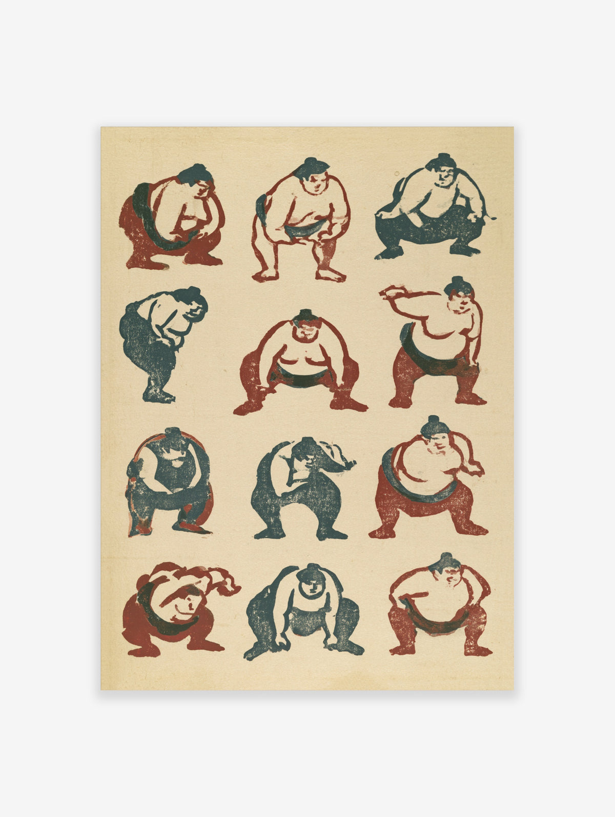 Grid of twelve sumo wrestlers in red and blue on beige background, Japanese woodblock style print