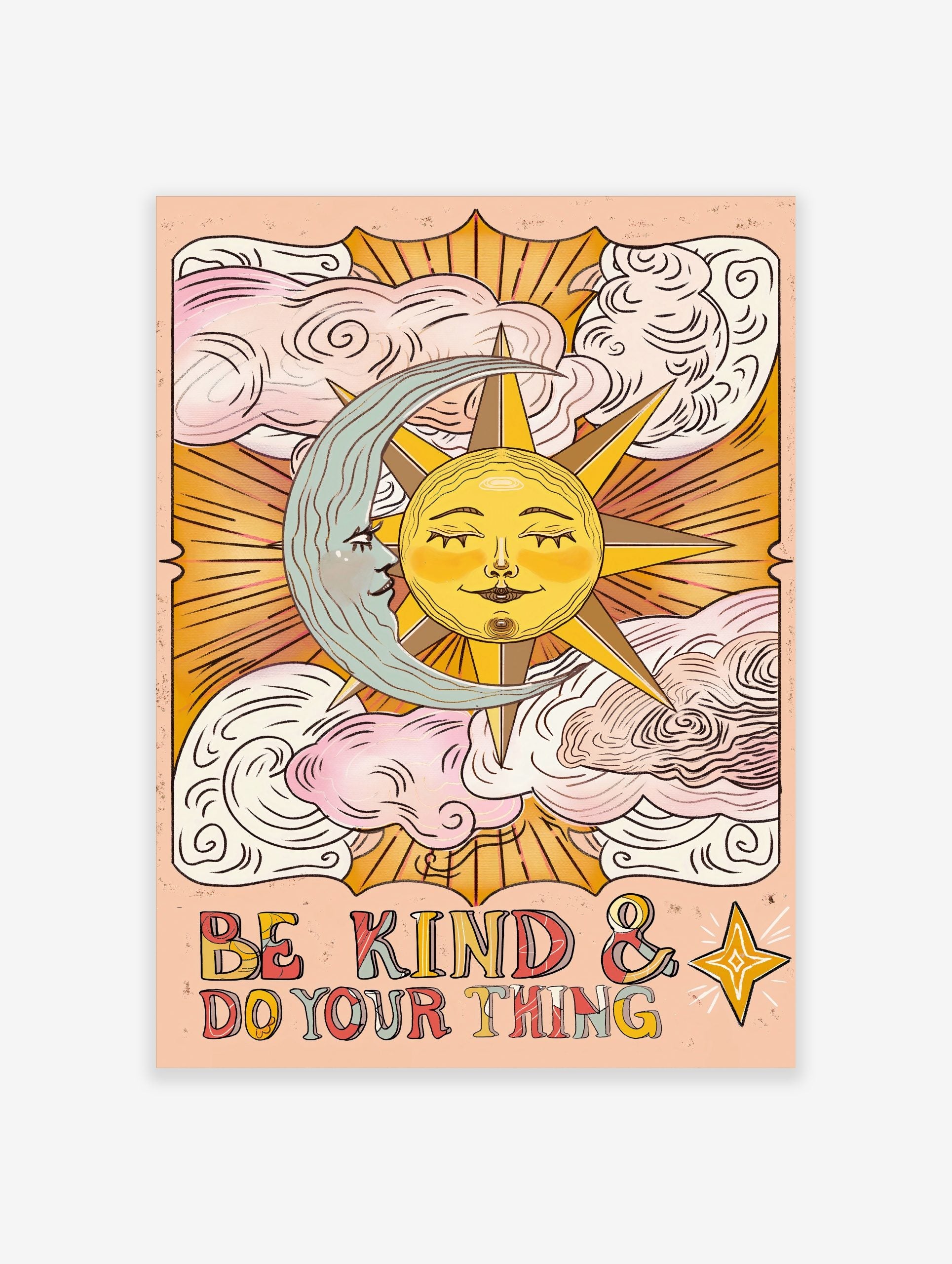 Celestial sun and moon wall art with 'Be Kind & Do Your Thing' text and clouds on a peach background