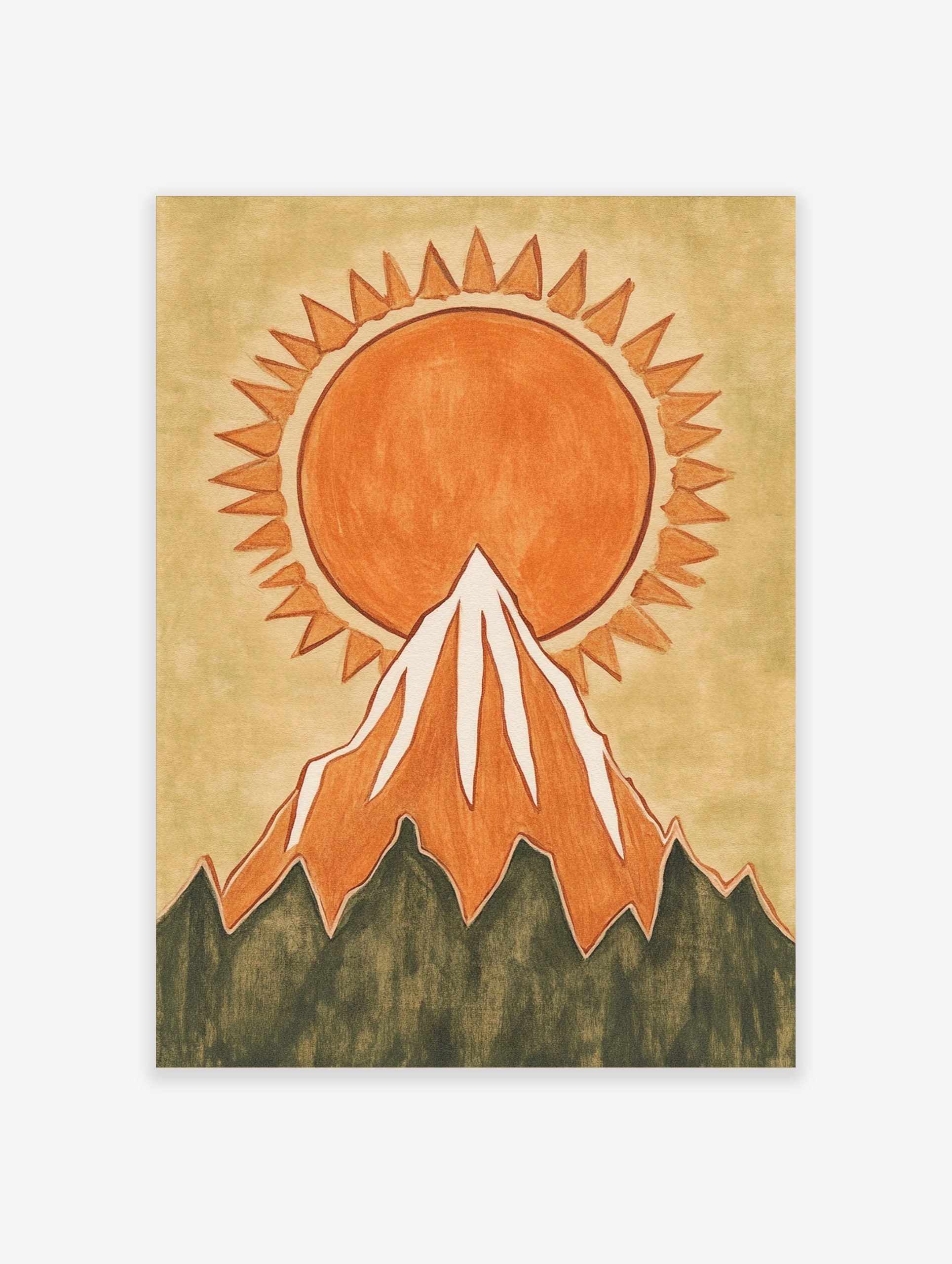 Illustrative orange sun with jagged rays rising behind a snow-capped mountain wall art print