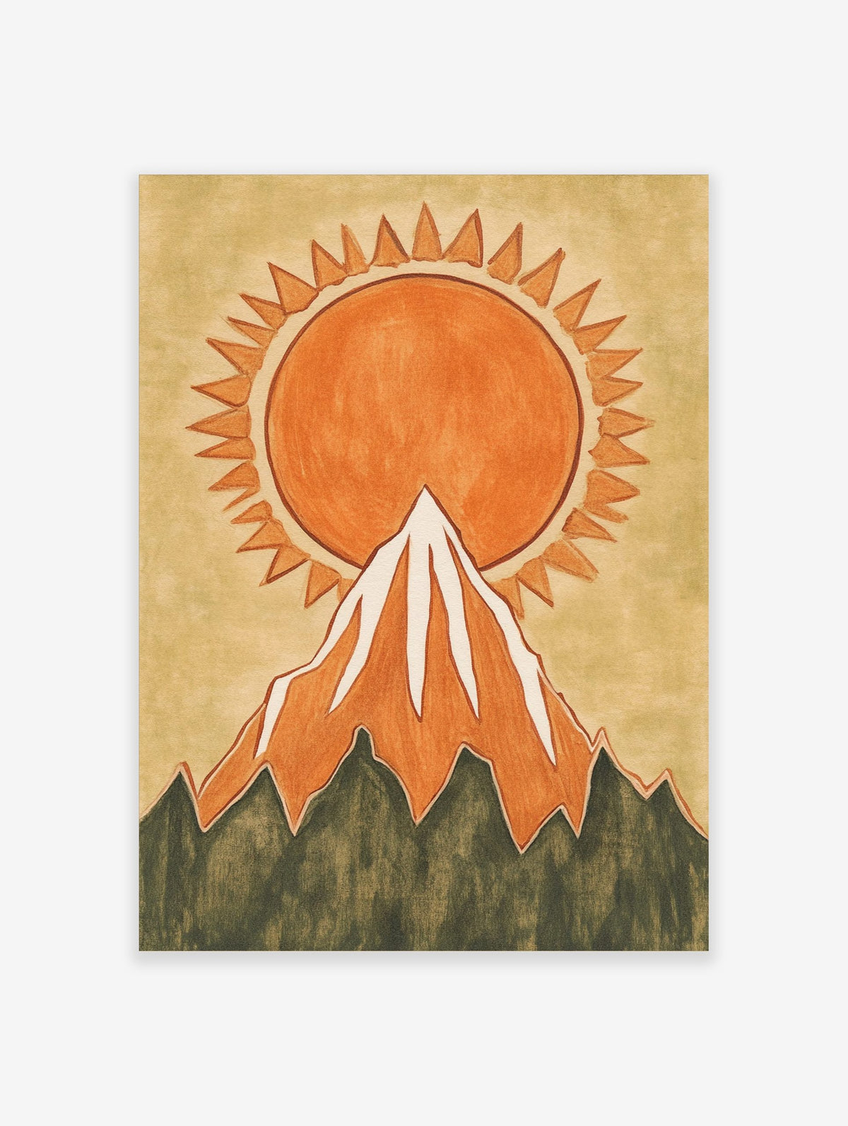 Illustrative orange sun with jagged rays rising behind a snow-capped mountain wall art print