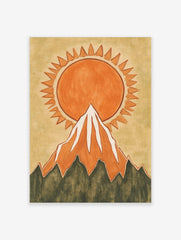 Illustrative orange sun with jagged rays rising behind a snow-capped mountain wall art print