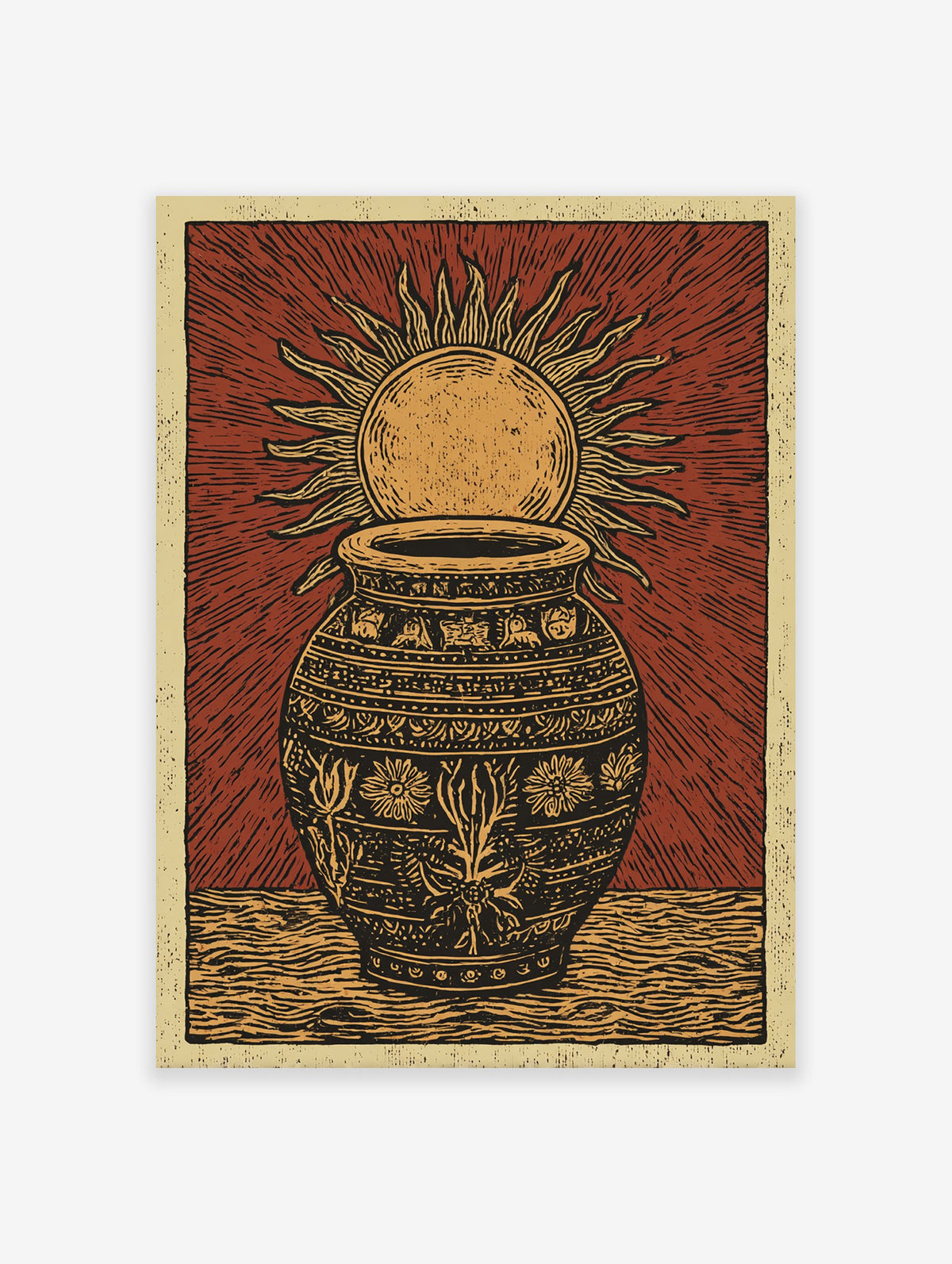 Red and gold cultural Sun & Pot block print poster with intricate patterns and sun rays radiating from behind the pot.