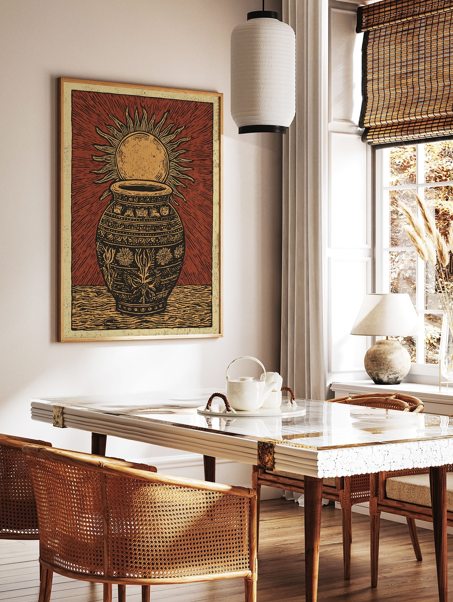 Red and gold cultural Sun & Pot block print poster with intricate patterns and sun rays radiating from behind the pot. - Image 2