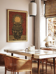 Red and gold cultural Sun & Pot block print poster with intricate patterns and sun rays radiating from behind the pot. - Image 2