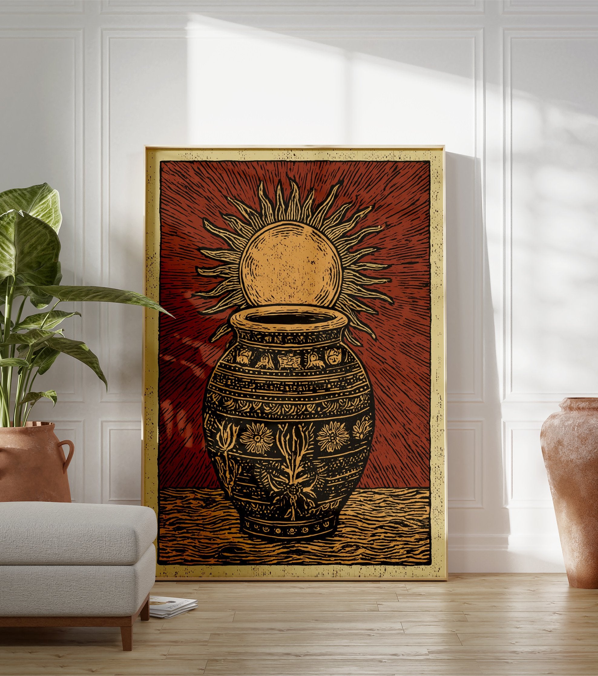 Red and gold cultural Sun & Pot block print poster with intricate patterns and sun rays radiating from behind the pot. - Image 3