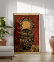 Red and gold cultural Sun & Pot block print poster with intricate patterns and sun rays radiating from behind the pot. - Image 3