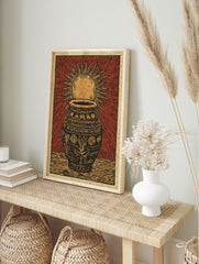 Red and gold cultural Sun & Pot block print poster with intricate patterns and sun rays radiating from behind the pot. - Image 4