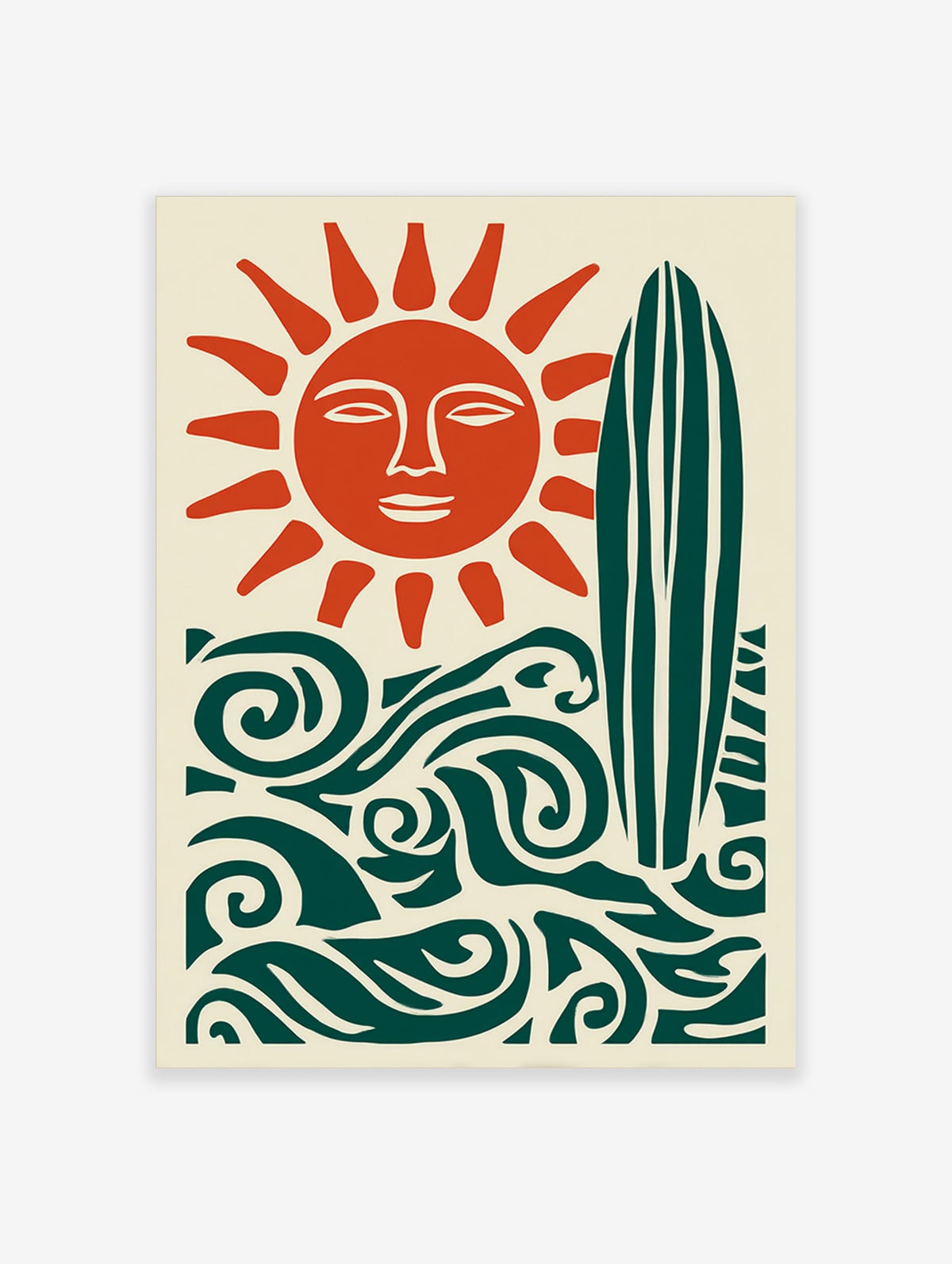 Illustrative sun with face, surfboard, and ocean waves in deep teal and burnt orange on cream background