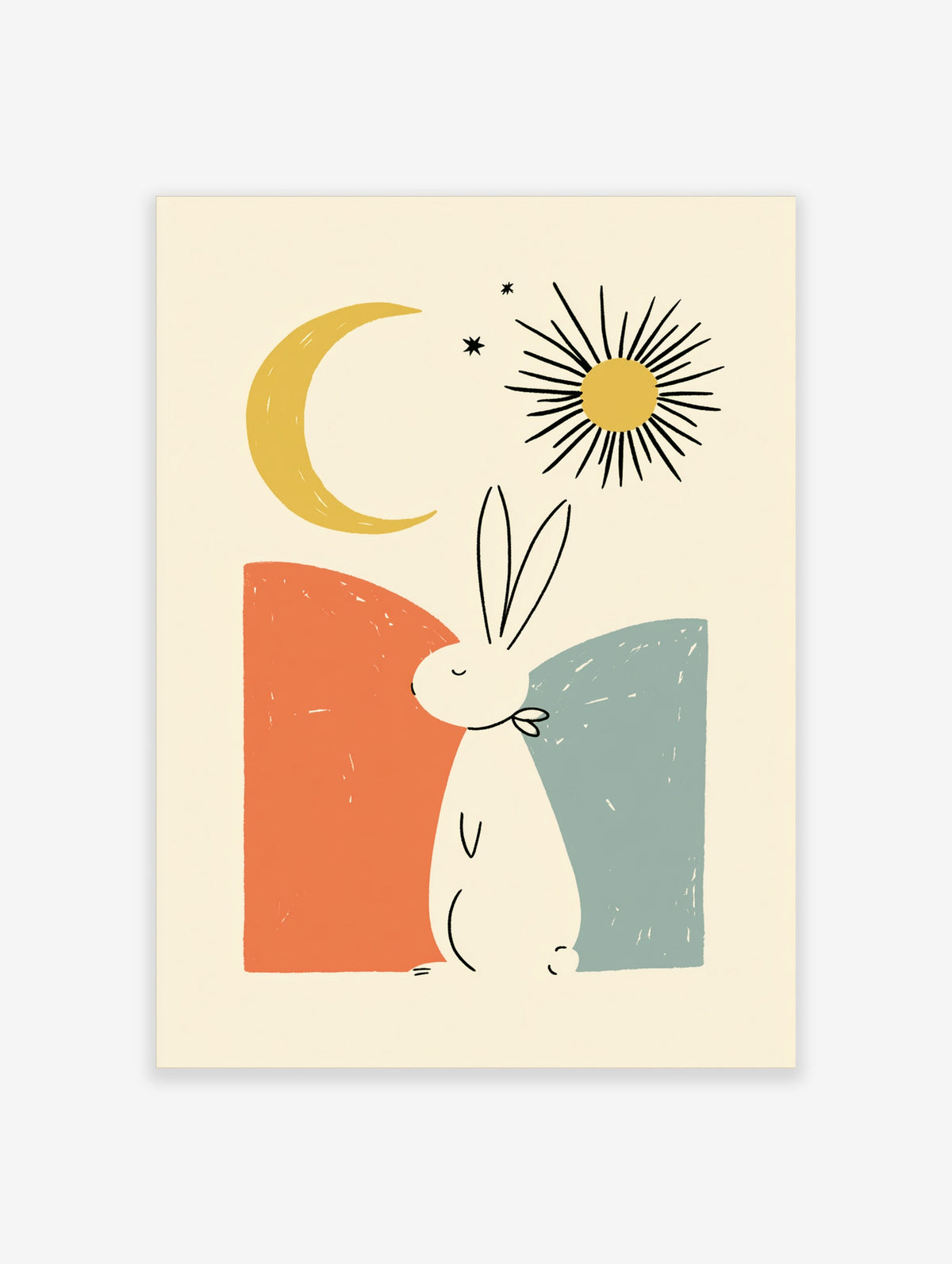 White rabbit illustration between orange and blue blocks under a yellow crescent moon and starburst sun
