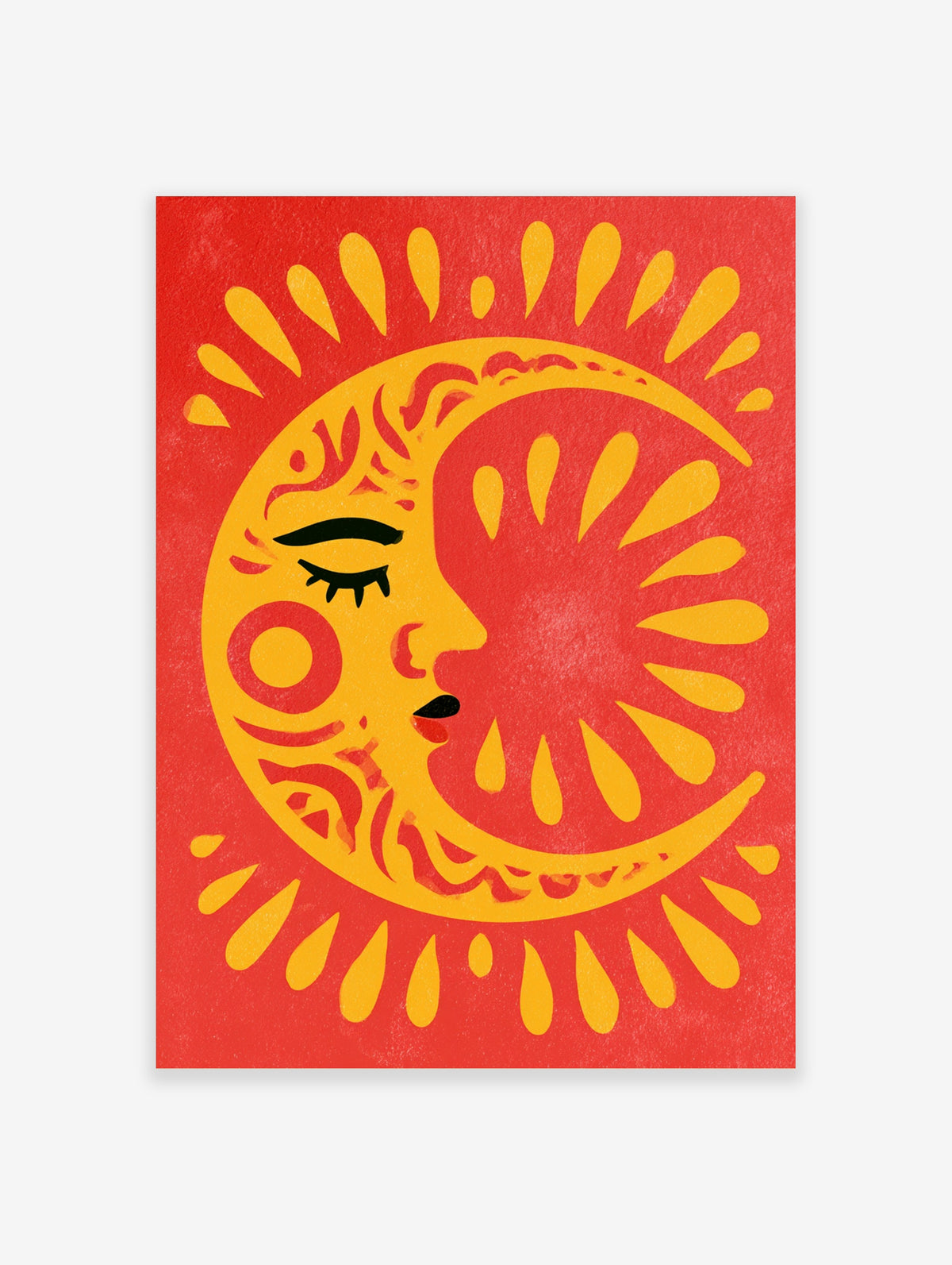 Yellow sun and moon face with closed eyes and red background celestial poster