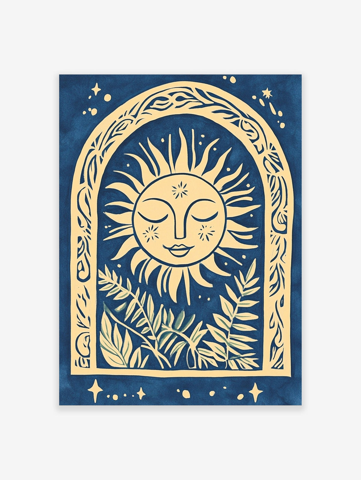 Illustrative sun face with closed eyes in an ornate arch with botanical leaves, blue and beige palette