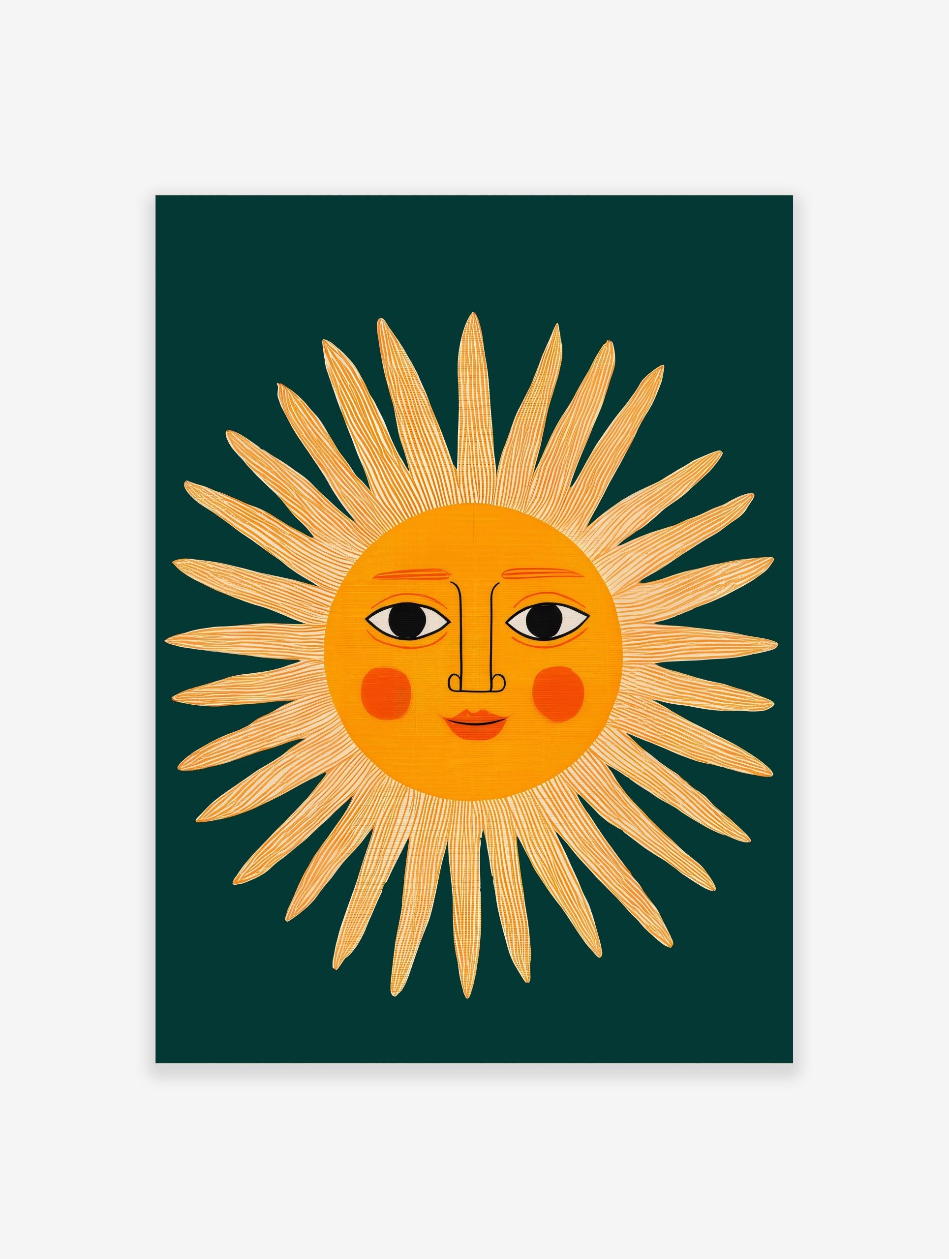 Illustrative sun face wall art print with orange sun and dark teal background