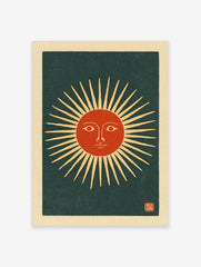 Stylised sun face with radiating beams and a red centre on a dark background, in a vintage illustrative art style
