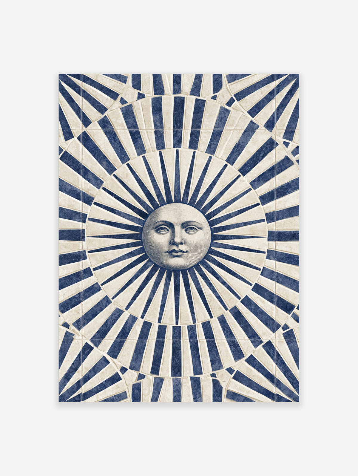 Classical sun face illustration with blue and beige radiating stripes art print