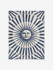 Classical sun face illustration with blue and beige radiating stripes art print