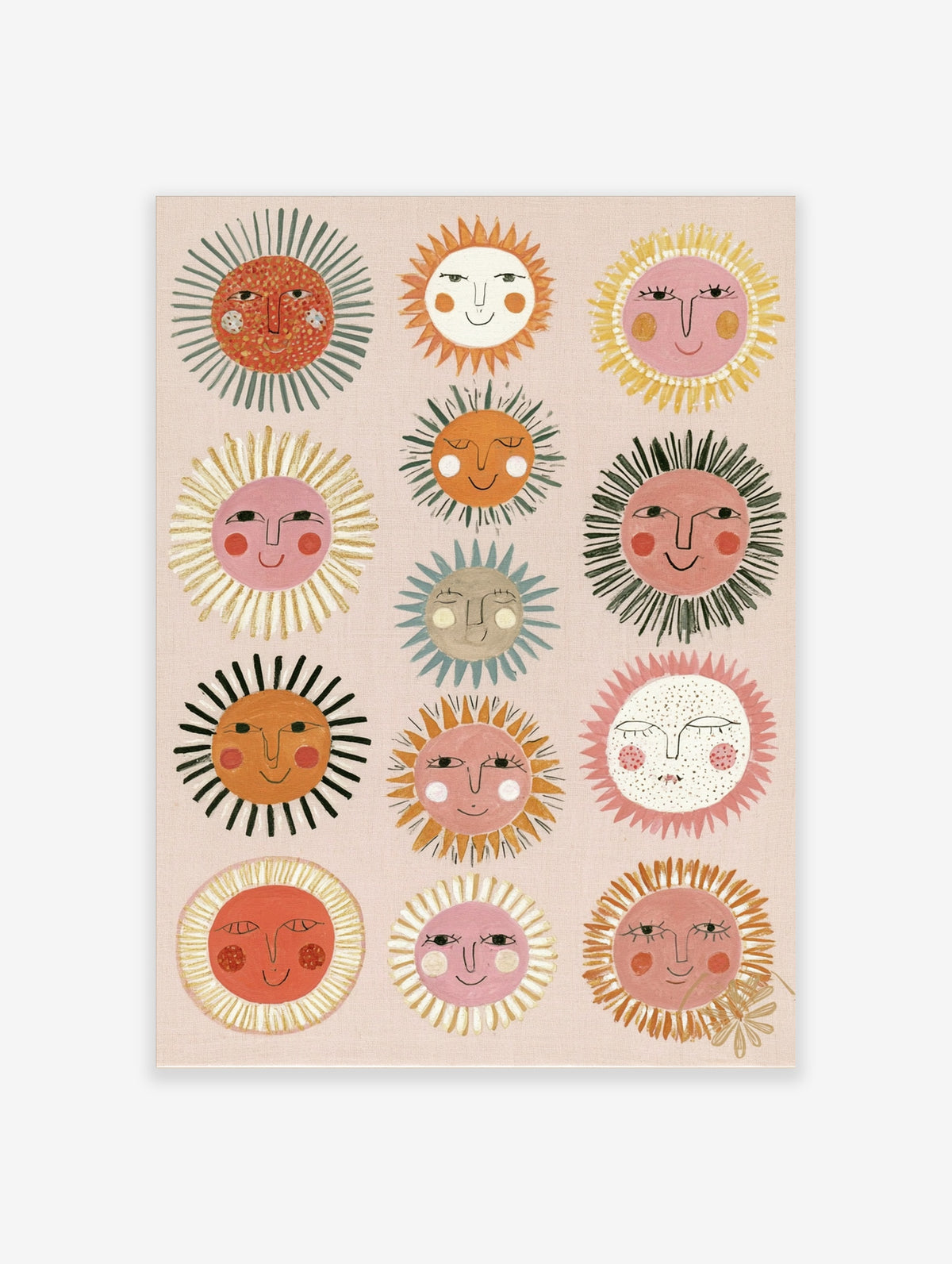 Grid of twelve hand-painted sun faces with varied expressions and radiating line details on a pale pink background