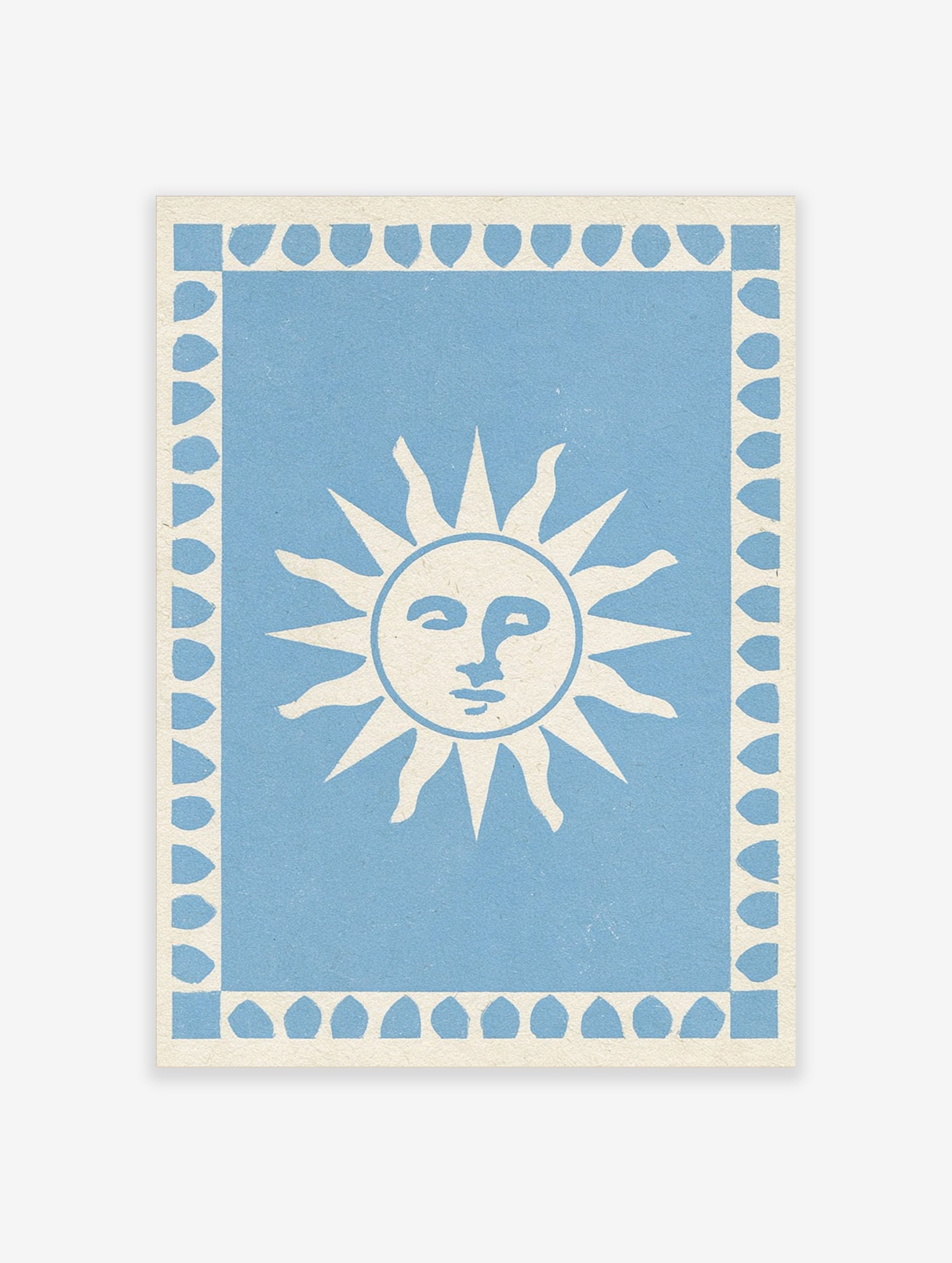 Stylized sun face illustration with a leaf border on a light blue background, art print