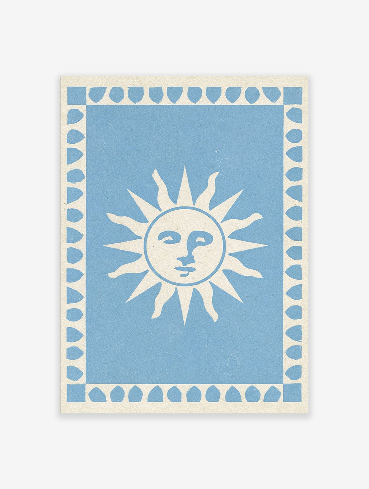 Stylized sun face illustration with a leaf border on a light blue background, art print