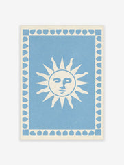 Stylized sun face illustration with a leaf border on a light blue background, art print