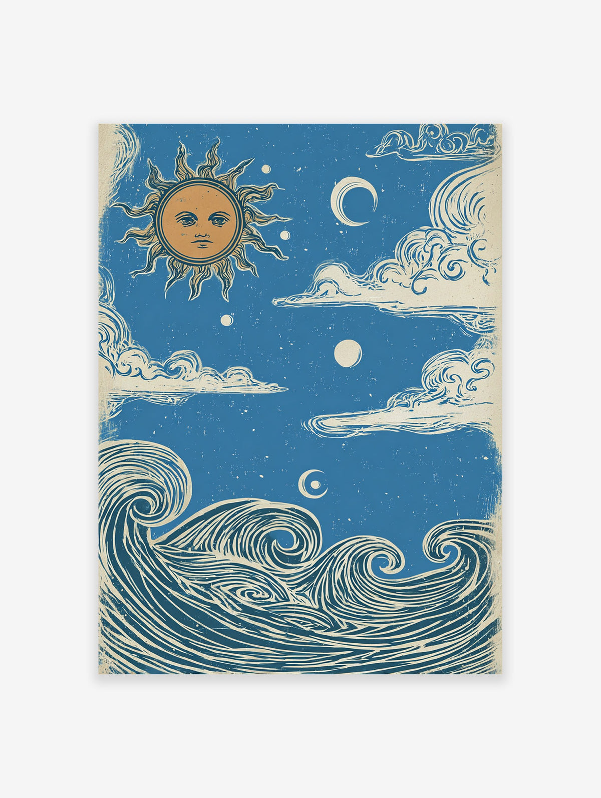 Sun Moon Ocean poster featuring a vintage illustration of a sun with a face, crescent moon, clouds, and ocean waves.