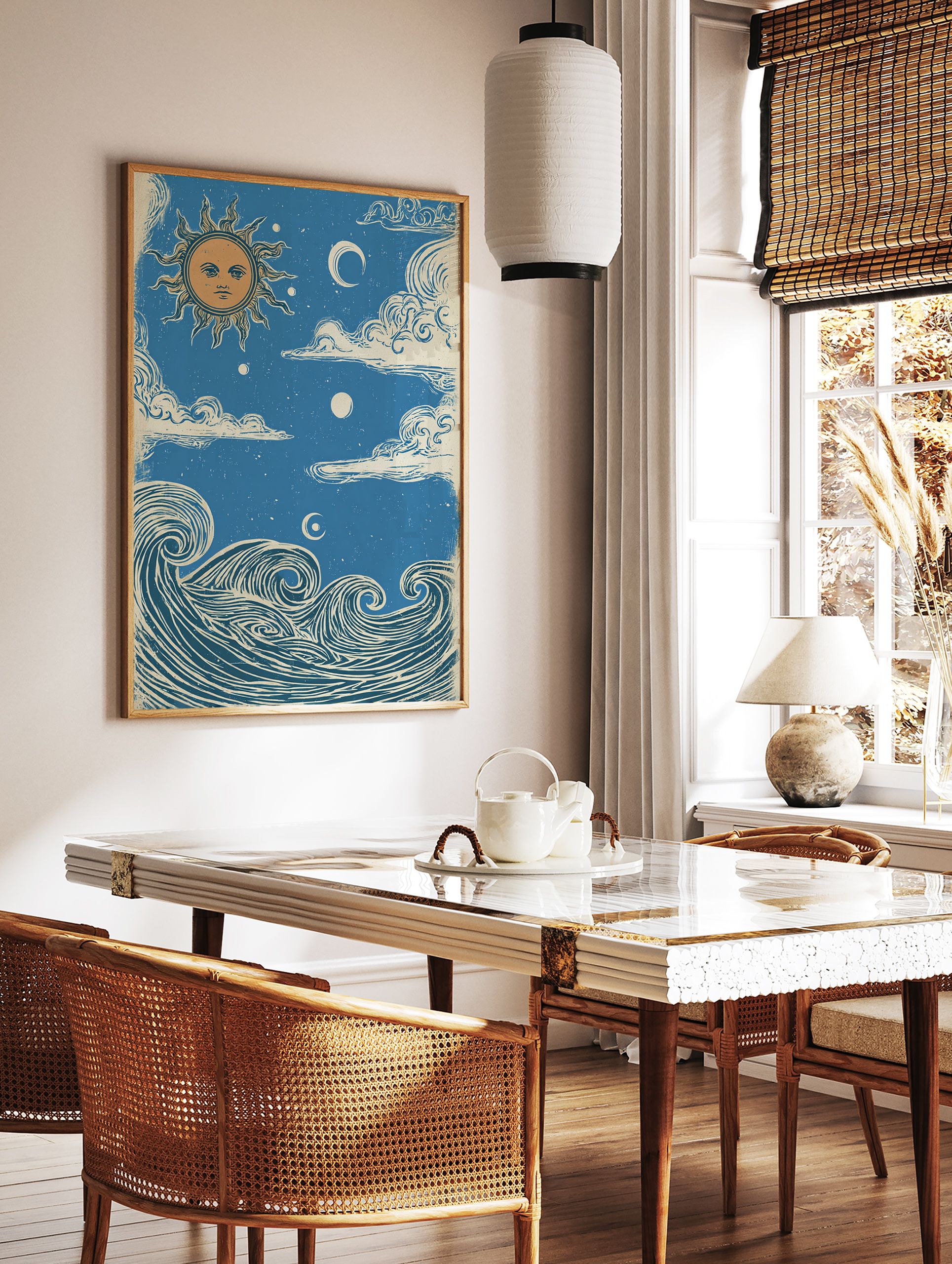 Sun Moon Ocean poster featuring a vintage illustration of a sun with a face, crescent moon, clouds, and ocean waves. - Image 2