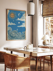 Sun Moon Ocean poster featuring a vintage illustration of a sun with a face, crescent moon, clouds, and ocean waves. - Image 2