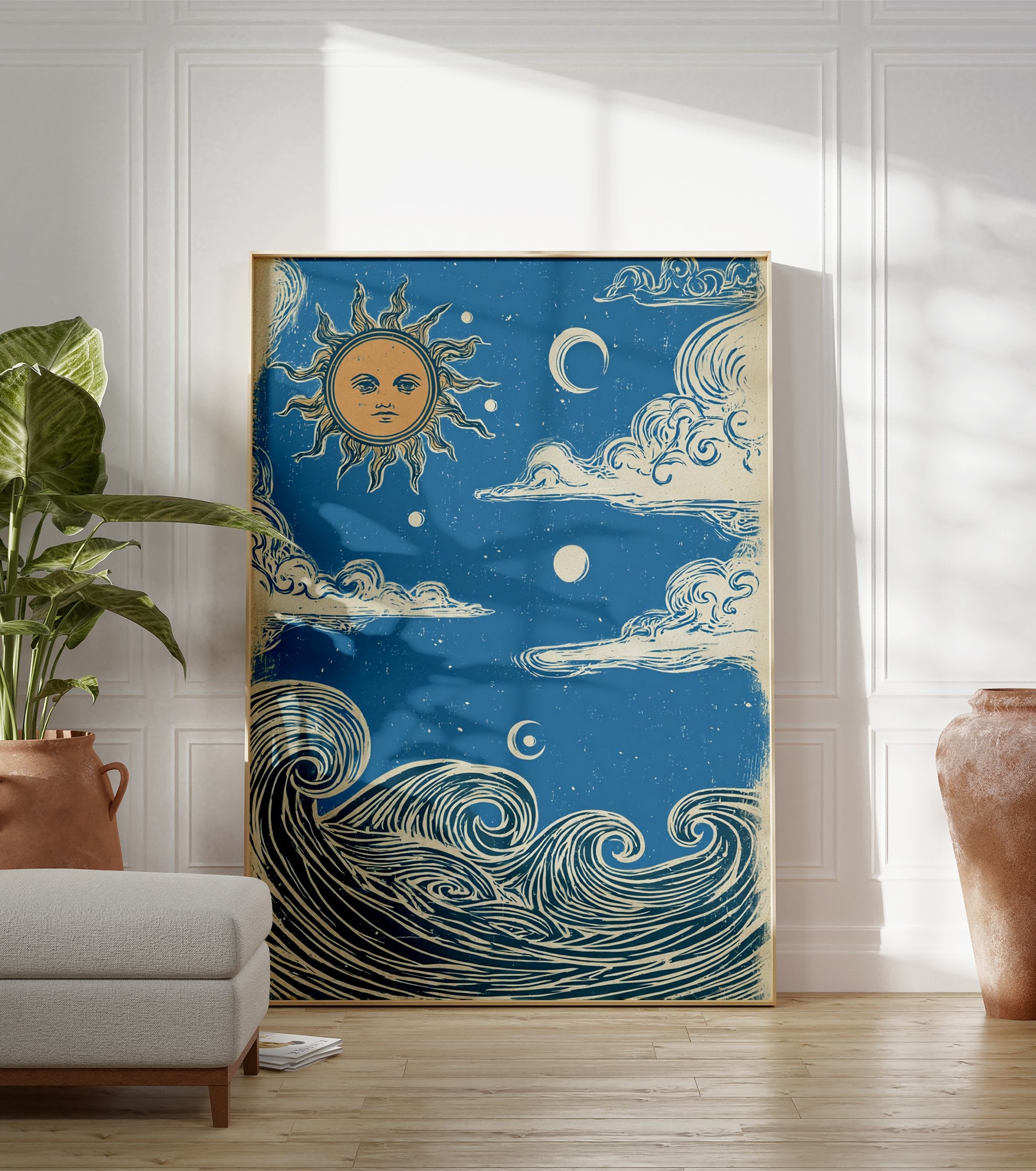 Sun Moon Ocean poster featuring a vintage illustration of a sun with a face, crescent moon, clouds, and ocean waves. - Image 3