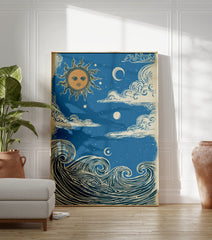 Sun Moon Ocean poster featuring a vintage illustration of a sun with a face, crescent moon, clouds, and ocean waves. - Image 3