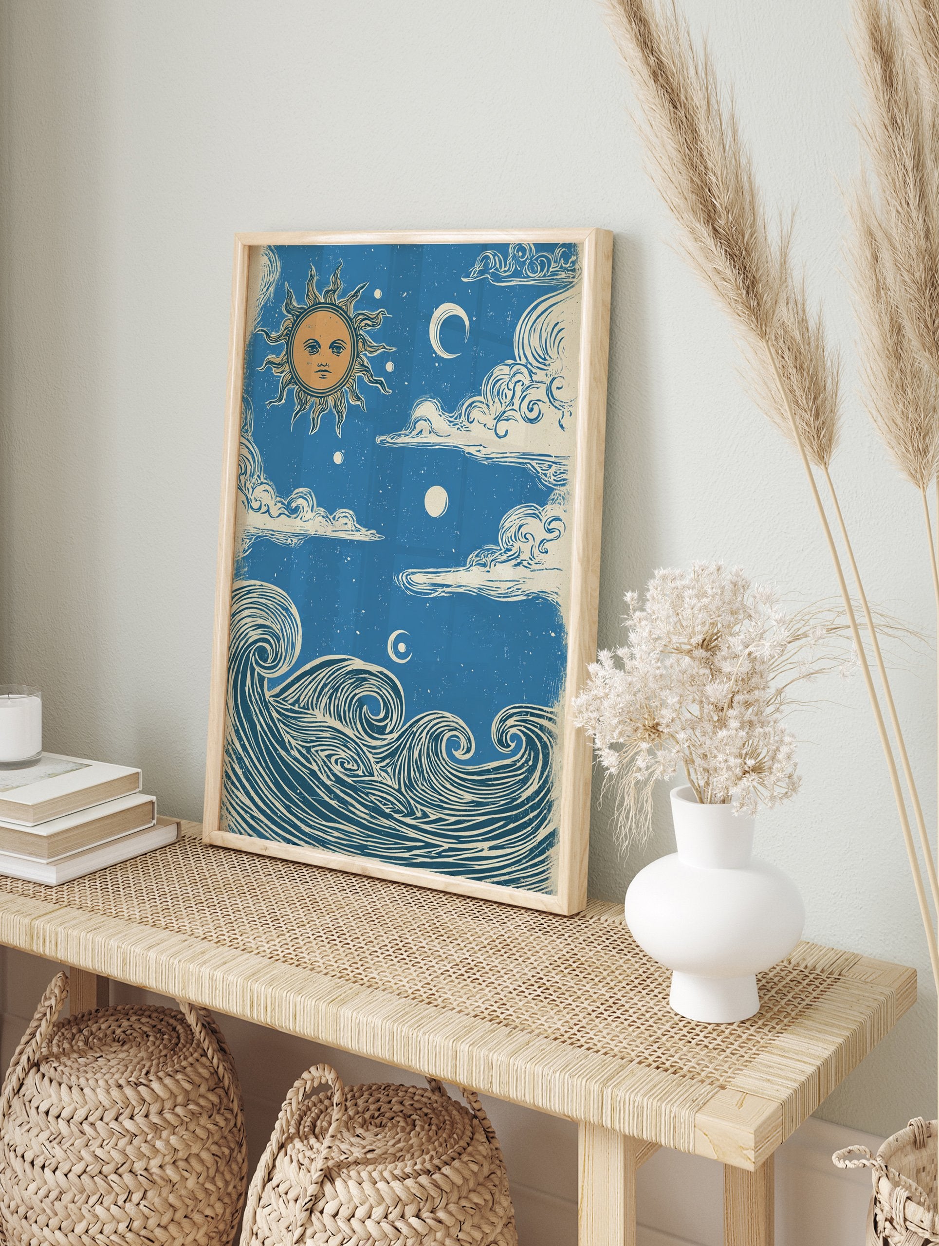 Sun Moon Ocean poster featuring a vintage illustration of a sun with a face, crescent moon, clouds, and ocean waves. - Image 4