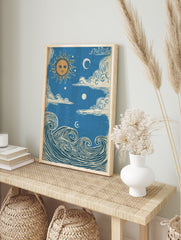 Sun Moon Ocean poster featuring a vintage illustration of a sun with a face, crescent moon, clouds, and ocean waves. - Image 4