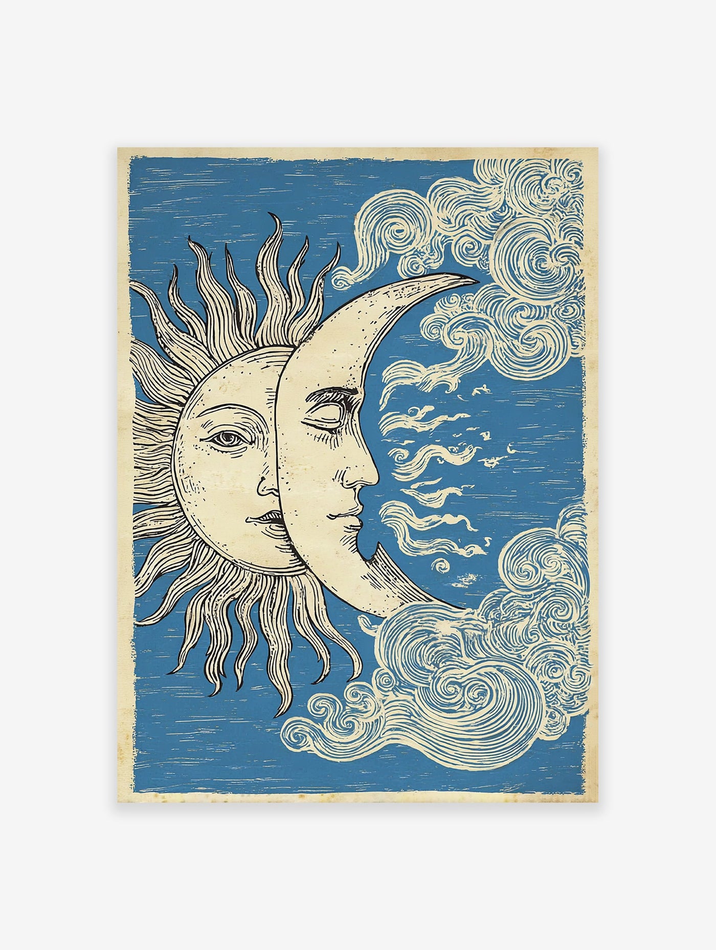 Vintage Sun Moon poster illustration with celestial faces and swirling clouds on a blue background, spiritual sky art.