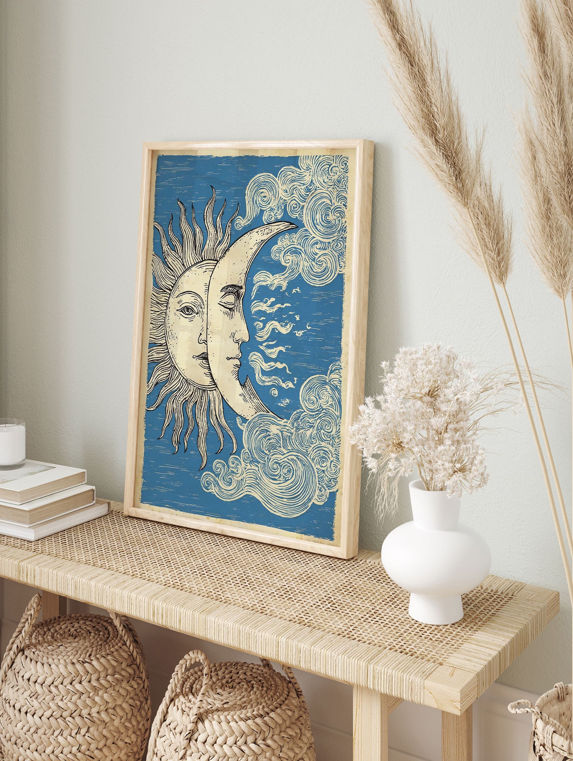 Vintage Sun Moon poster illustration with celestial faces and swirling clouds on a blue background, spiritual sky art. - Image 4