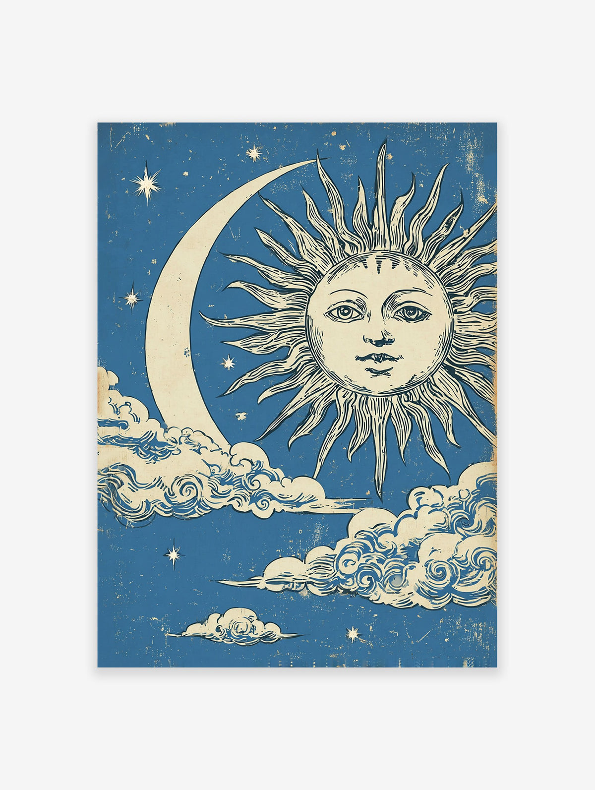 Vintage Sun Moon Poster with an illustrated sun face, crescent moon, clouds, and stars on a distressed blue background.