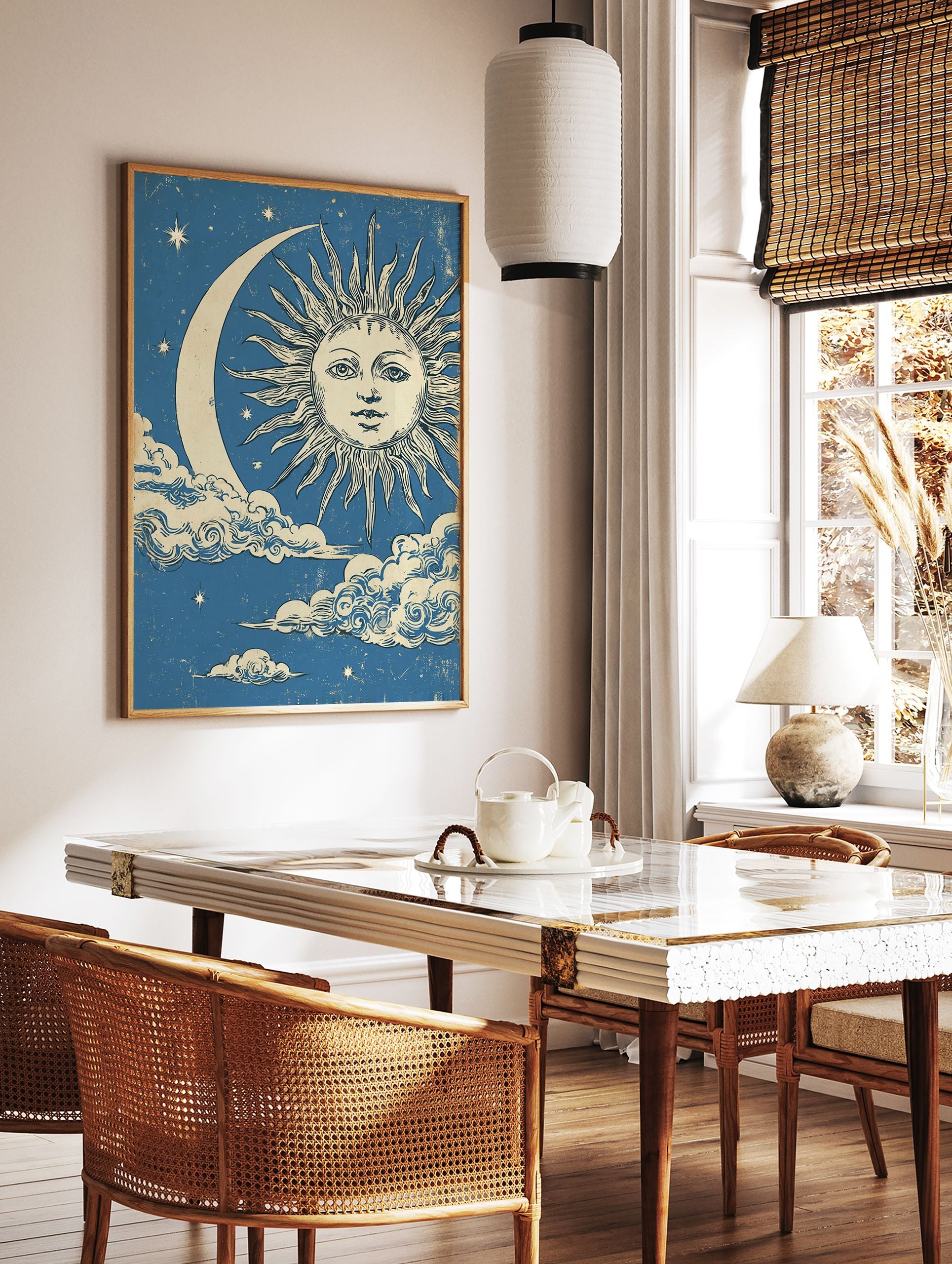 Vintage Sun Moon Poster with an illustrated sun face, crescent moon, clouds, and stars on a distressed blue background. - Image 2